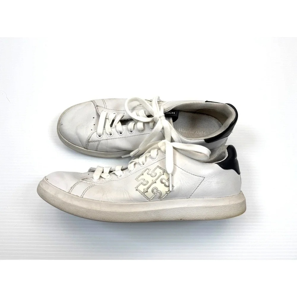 Tory Burch Double T Howell‎ Coat Sneakers Women 7M Leather Logo Lace Up Comfort